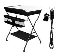 MLYIQI Tables à Langer Pliante,Table à Langer avec Aoulettes Panier de Rangement,Ceinture de Sécurité,4 Roues avec Frein,Réglable en Hauteur,Charge Max 25kg