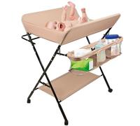 MLYIQI Tables à Langer Pliante,Table à Langer avec Aoulettes Panier de Rangement,Ceinture de Sécurité,4 Roues avec Frein,Réglable en Hauteur,Charge Max 25kg