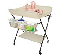 MLYIQI Tables à Langer Pliante,Table à Langer avec Aoulettes Panier de Rangement,Ceinture de Sécurité,4 Roues avec Frein,Réglable en Hauteur,Charge Max 25kg