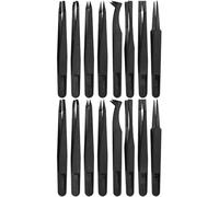 MMOBIEL Lot de 16 pinces de précision antistatiques en plastique avec pointe plate pointue/pointes courbées pour l'électronique, la fabrication de bijoux, les travaux de laboratoire Noir