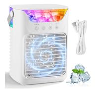 Mni climatiseur portable, rafraîchisseur d'air 4 en 1, 3 vitesses, 2 modes brumisation, éclairage LED RGB 7 LED, blanc