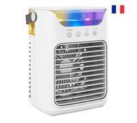 Mni climatiseur portable, rafraîchisseur d'air 4 en 1, 3 vitesses, 2 modes brumisation, éclairage LED RGB 7 LED, blanc