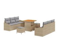MNISDFL Canapé Jardin Poly Rotin 9 Pieces 8 Places Beige Et Gris Clair | Acier protégé, pieds réglables, housses imperméables, bois acacia, usage terrasse balcon jardin