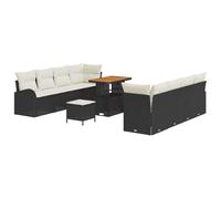 MNISDFL Set Canapé Jardin 11 Pièces Poly Rotin Acacia Noir Crème | Rangement intégré, pieds réglables, accoudoirs courbés, UV, acier traité poudre, usage terrasse