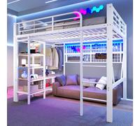 MNMKHK Lit Mezzanine 140 X 200 Cm avec LED, Mezzanine 2 Places Adulte 140x200 avec Compartiment de Rangement, Filet pour Suspendre Les VêTements, Tringle à Vêtements,Lit Mezzanine Enfant, Blanc