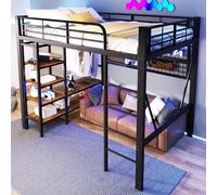 MNMKHK Lit Mezzanine 140 X 200 Cm avec LED, Mezzanine 2 Places Adulte 140x200 avec Compartiment de Rangement, Filet pour Suspendre Les VêTements, Tringle à Vêtements,Lit Mezzanine Enfant, Noir