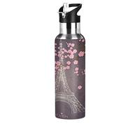 Mnsruu Art Mignon Paris Tour Eiffel Isotherme Bouteille d'eau avec Paille, Gourde Sport en Acier Inoxydable 600ML Gourdes sans BPA pour Enfant Garçon Fille École Bureau