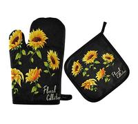 Mnsruu Gant de cuisine et manique, motif tournesol, noir, résistant à la chaleur, pour la cuisine, la cuisson, le barbecue