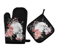Mnsruu Gant de cuisine noir résistant à la chaleur avec motif tête de mort et rose pour Halloween