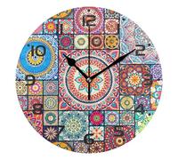 Mnsruu Grande horloge murale de 25 cm, horloge analogique atomique silencieuse style tribal marocain, bohème, fonctionne avec piles, sans tic-tac, cuisine, salle de coration d'intérieur