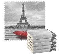 Mnsruu Lot de 6 torchons de cuisine Paris Tour Eiffel France avec parapluie rouge Séchage rapide Super doux 28 x 28 cm