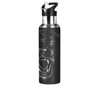 Mnsruu Noir Blanc Animal Panthère Léopard Isotherme Bouteille d'eau avec Paille, Gourde Sport en Acier Inoxydable 600ML Gourdes sans BPA pour Enfant Garçon Fille École Bureau