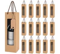 MOAMUN 30 Sac Cadeau Bouteille Vin Fenêtre Transparente | 30 Pochette Cadeau avec 50 Etiquette et Cordes, Sac Kraft Poignée De Corde Papier Réutilisable pour Anniversaire Fête Mariage