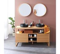MOB-IN Meuble Atoll Double 140cm chêne vasques Rondes Noires miroirs robinets