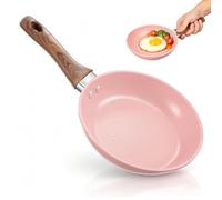 Mobestech Petite Poêle Antiadhésive en Aluminium pour Œufs Cuisine Maison | Revêtement Effet Pierre Marbrée, Manche Ergonomique Aspect Bois, Base Magnétique, Compatible Gaz, Couvercle Inclus