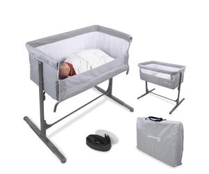Mobiclinic Lit d'appoint bébé, 2 en 1, Moon, sangles de fixation au lit, réglable en 5 positions, sac de transport, roulettes incluses