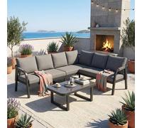 Mobilier de jardin, salon d'angle, ensemble de salon, 6 places, tressage en corde, design en corde, mobilier de terrasse, extérieur, canapé d'angle, table basse, plateau en verre, ensemble de salon, s