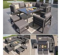 Mobilier de terrasse, ensemble de table en demi-cercle pour 8 personnes / Structure en acier robuste avec coussins gris / L'ensemble comprend une table en verre, 1 fauteuil et 2 chaises / Mobilier de