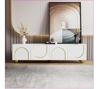 Mobilier TV &amp Divertissement - Lowboard Luxe avec Portes Structurées, Rangements et Accents Dorés - Blanc/Gold