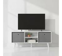 MOBLEKIT | Buffet 110×29×47 cm, Meuble TV Blanc avec 2 Compartiments Ouverts et 2 tiroirs Gris, bibliothèque Moderne pour Salon, entrée ou Rangement.