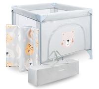 Moby-System Parc Bébé avec Matelas et Sac de Transport - Lit Parapluie Pliable, Roues Verrouillables, Cadre Stable - Motif Ours en Peluche - 97 x 100 x 77 cm (3 Articles)