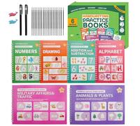 Mocrop Lot de 6 cahiers d'exercices magiques pour l'école maternelle - Réutilisables - Avec rainures - Pour enfants à partir de 3 ans - Lettres, chiffres, dessin, calcul - Avec stylos et mines
