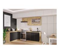 MODENA - Cuisine complète - 210 x 150 x 82 cm - Chêne artisan / Noir mat - Plan de travail non inclus