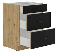 MODENA - Meuble bas casserolier - 3 tiroirs - 60 x 52 x 82 cm - Chêne artisan / Noir mat - Plan de travail non inclus