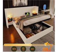 MODENUIT Lit coffre 180x200 cm avec tête de lit rembourré 2 chevets et port USB-C velours côtelé beige (Sans matelas)