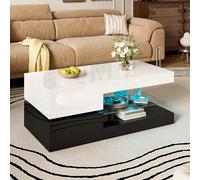 Modern coffee table with ambient LED lighting, app/Bluetooth control, glass top, black and white lacquered finish, 90×45×35.5 cm.