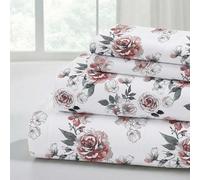 Modern Threads Draps imprimés en Microfibre Douce - Draps de lit Luxueux en Microfibre - Comprend Un Drap Plat, Un Drap-Housse avec Poches Profondes et des taies d'oreiller - Rose Bloom Queen Size