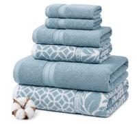 Modern Threads Lot de 6 Serviettes réversibles en Fil Teint Jacquard - Serviettes de Bain, essuie-Mains et débarbouillettes - Super absorbantes et à séchage Rapide - 100% Coton peigné, Bleu Sterling