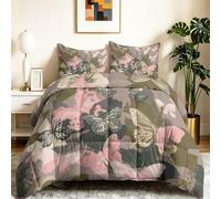Moderne Camouflage Réversible Couette, Rose Brun Edredon Lit Imprimée Couettes, Papillon Insectes Couettes Matelassée pour Enfants Adultes, 200 x 200 cm Couette sans Housse avec 2 Taies d'oreiller