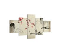 Moderne Impression sur Toile Fleur Cerises Japon Image Tableau Decoration Murale 125x70cm Deco Cadre Décoration Salon Chambre Triptyque 5 parties Tableaux Decoratifs Muraux Art Wall EA125x70-5020
