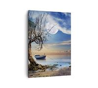 Moderne Impression sur Toile nuit lune bateau Image Tableau Decoration Murale 50x70cm Deco Cadre Salon Chambre Cuisine Vertical Petit Tableaux Decoratifs Muraux Art Wall Decor Design PA50x70-3457