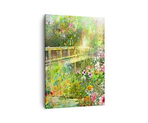 Moderne Impression sur Toile Pont parc fleur printemps Image Tableau Decoration Murale 50x70cm Deco Cadre Salon Chambre Cuisine Vertical Petit Tableaux Decoratifs Muraux Art Wall Decor PA50x70-2906