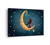 Moderne Impression sur Toile Pour enfants Fille Lune Image Tableau Decoration Murale 70x50cm Deco Cadre Décoration Salon Chambre Cuisine Horizontal Tableaux Decoratifs Muraux Art Wall AA70x50-4683