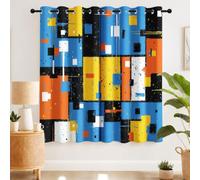 Moderne Ludique Rideau de Porte Géométrique Bloc de Couleur Rectangle Grille Abstrait 95%-100% Rideau Occultant Rideaux Interieur Salon Chambre d'entrée Lot de 2 Panneaux de Rideaux, 132 x 214 CM