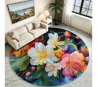 Moderne Peinture À L'Huile Fleurs Tapis Rond pour Enfant Multicolore 80 cm | Tapis de Sol Décoration Antidérapant pour Chambre Salon Cuisine Bureau Couloir - Doux & Lavable en Machine Descente de Lit