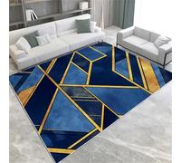 Moderne Tapis de Salon Lavable 60x90cm Motif de Bloc GéOméTrique Doré Et Bleu Flanelle Tapis Antidérapants, Grand Tapis de Zone, Bleu Tapis de Chambre Chevet Rectangulaire Décoration 3D Tapis