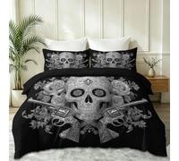 Moderne Tendance Housse De Couette 140 x 200 cm, 3D Fleurs Rose Pistolet Crâne Parure De Lit aux Chambres de Filles et Garçons Décor, Noir Microfibre Douce Respirante Parure De Couette