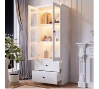 Moderne Vitrine LED Blanche,Port USB + Télécommande 16 Couleurs,2 Tiroirs + Étagères Réglables,Armoire Salon MDF à Portes Battantes