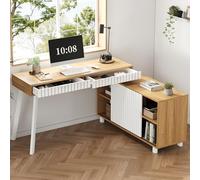 ModernLuxe Bureau d’Angle 140 x 120 cm avec Tiroirs et Placard, Bureau Informatique en L Style Minimaliste Moderne, Table de Bureau avec Structure Métal et Rangements, Bois Naturel et Blanc