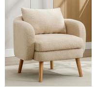ModernLuxe Fauteuil avec coussin épais - pieds en bois massif - tissu en sherpa - 75x69x71cm - beige