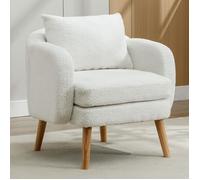 ModernLuxe Fauteuil avec coussin épais - pieds en bois massif - tissu en sherpa - 75x69x71cm - blanc