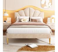 ModernLuxe Lit adulte 140x190cm, lit double avec sommier à lattes, tête de lit en forme de coquille, tissu en velours, beige