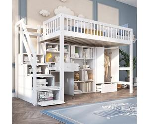 ModernLuxe Lit pour enfant Lit simple Lit superposé 90x200cm avec bureau Escalier Armoire Tiroirs Bois massif Blanc - Lit superposé multifonctionnel pour enfant sans matelas