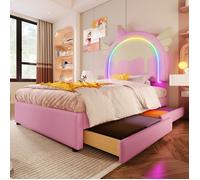 ModernLuxe Lit simple rembourré en similicuir 90x200 cm - avec LED et 2 tiroirs - Rose