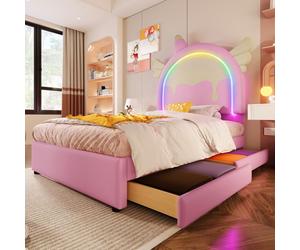 ModernLuxe Lit simple rembourré en similicuir 90x200 cm - avec LED et 2 tiroirs - Rose