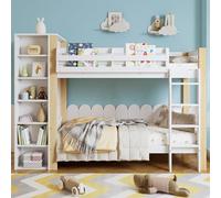 ModernLuxe Lit superposé, 90 x 200 cm, avec armoire, étagère et échelle, lit mezzanine avec protection anti-chute et grille, lit mezzanine pour enfant, blanc naturel avec espace de rangement, pin + PB